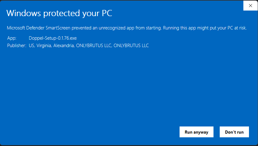 The same dialog after clicking More info. It now lists App: Doppel-Setup.exe and Publisher: US, Virginia, Alexandria, ONLYBRUTUS LLC, and a 'Run anyway' button has appeared next to 'Don't run'.